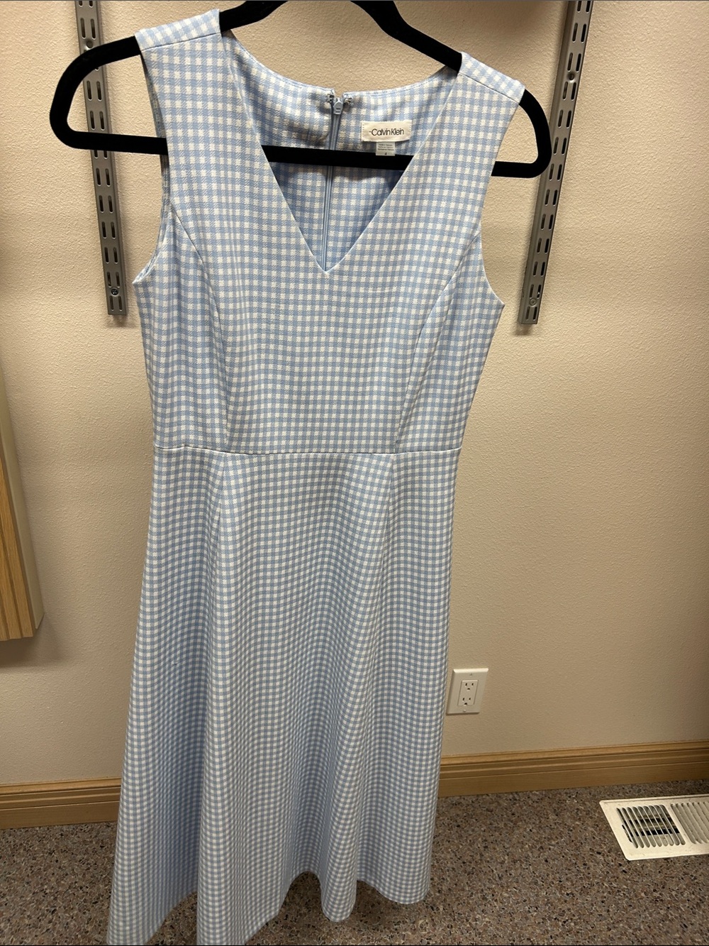 Calvin Klein Light Blue and White Gingham V-Neck Midi Dress